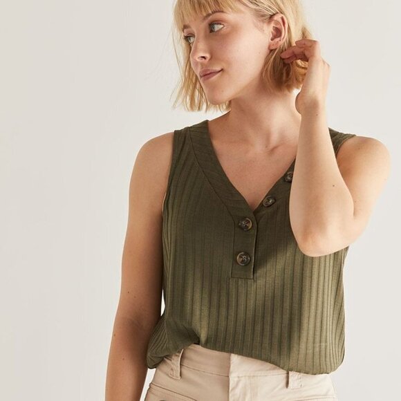 Womens ribbed tank top button neck green olive khaki Neutral Basics - Picture 1 of 6